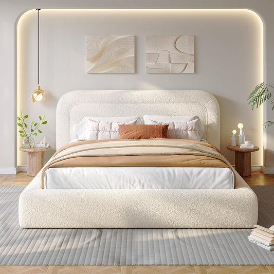 Queen Bed Frame with Headboard, Upholstered Cloud Bed Frame, Anti-Collision Soft Rounded Corners, for Modern Bedrooms, Apartments, Guest Rooms, White