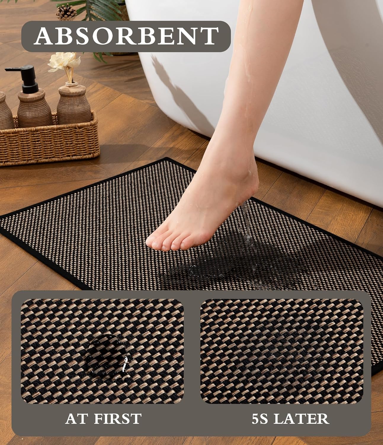 YIHOUSE Bathroom Rugs Sets 2 Pieces, Black Ultra Thin Bath Mats Fit Under Door, Absorbent Quickly Dry Rubber Backing Braided Bath Mat Set, Non Slip Washable Bath Rugs for Bathroom Floor, Black