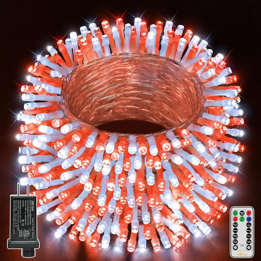 Ollny Red and White Christmas Lights Waterproof, 400LED 131FT String Lights with Remote 3 Timer, Plug in 8 Modes Fairy Light for Xmas Tree Indoor Bedroom House Party Wedding Decorations