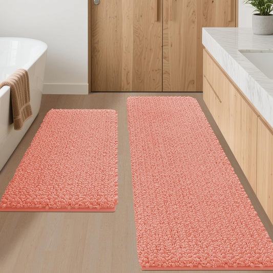 ACCUMTEK Upgrade Luxury 2 Piece Coral Toilet Bathroom Rug Mat 48"x20"+24"x17", Ultra Soft Thick Absorbent Bath Mats, Non Slip Chenille Toilet Mat for Bathroom, Bedroom, Kitchen, Shower, Tub