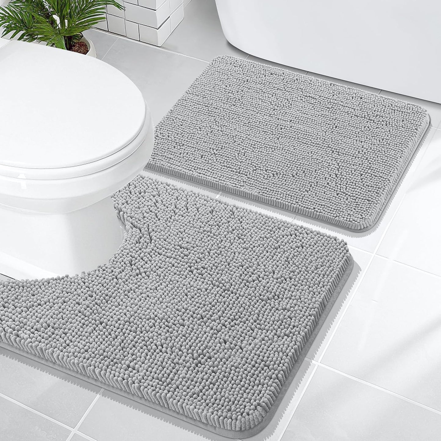 OLANLY Bathroom Rugs Sets 2 Piece, Soft Absorbent Chenille Bath Mats and U-Shaped Contour Toilet Mat Area Rug Set, Machine Washable Bath Carpet, Home Decor Accessories(24"x16"+24"x20", Light Grey)