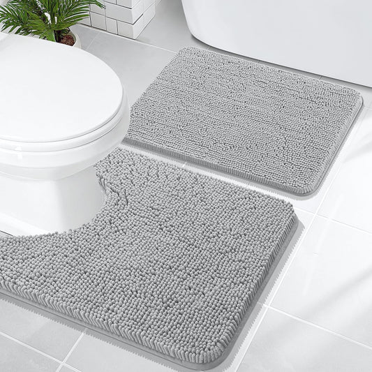 OLANLY Bathroom Rugs Sets 2 Piece, Soft Absorbent Chenille Bath Mats and U-Shaped Contour Toilet Mat Area Rug Set, Machine Washable Bath Carpet, Home Decor Accessories(24"x16"+24"x20", Light Grey)