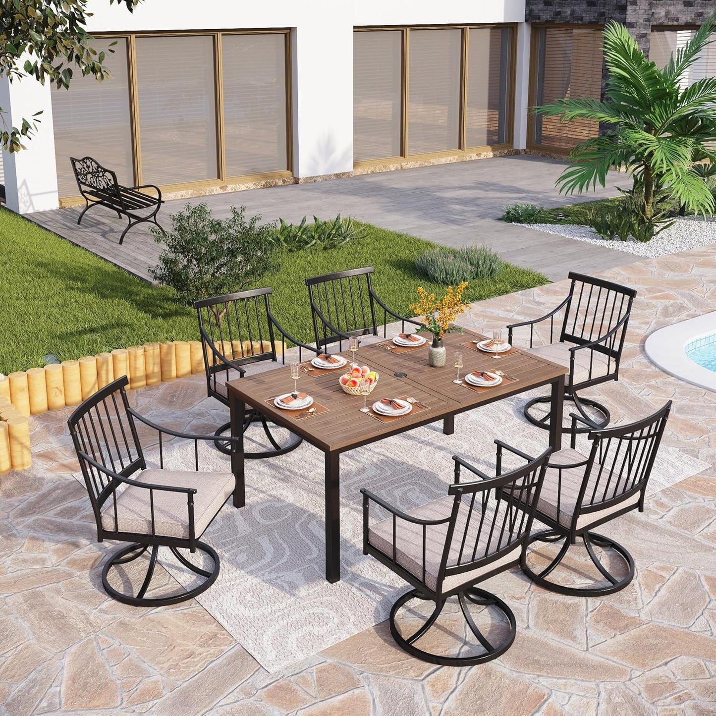 PHI VILLA 7 Pieces Outdoor Dining Set for 6, 65” Wood-Like Metal Rectangle Dining Table & Swivel Chairs with Cushions, Large Dining Furniture Set for Patio, Deck, Porch, Yard