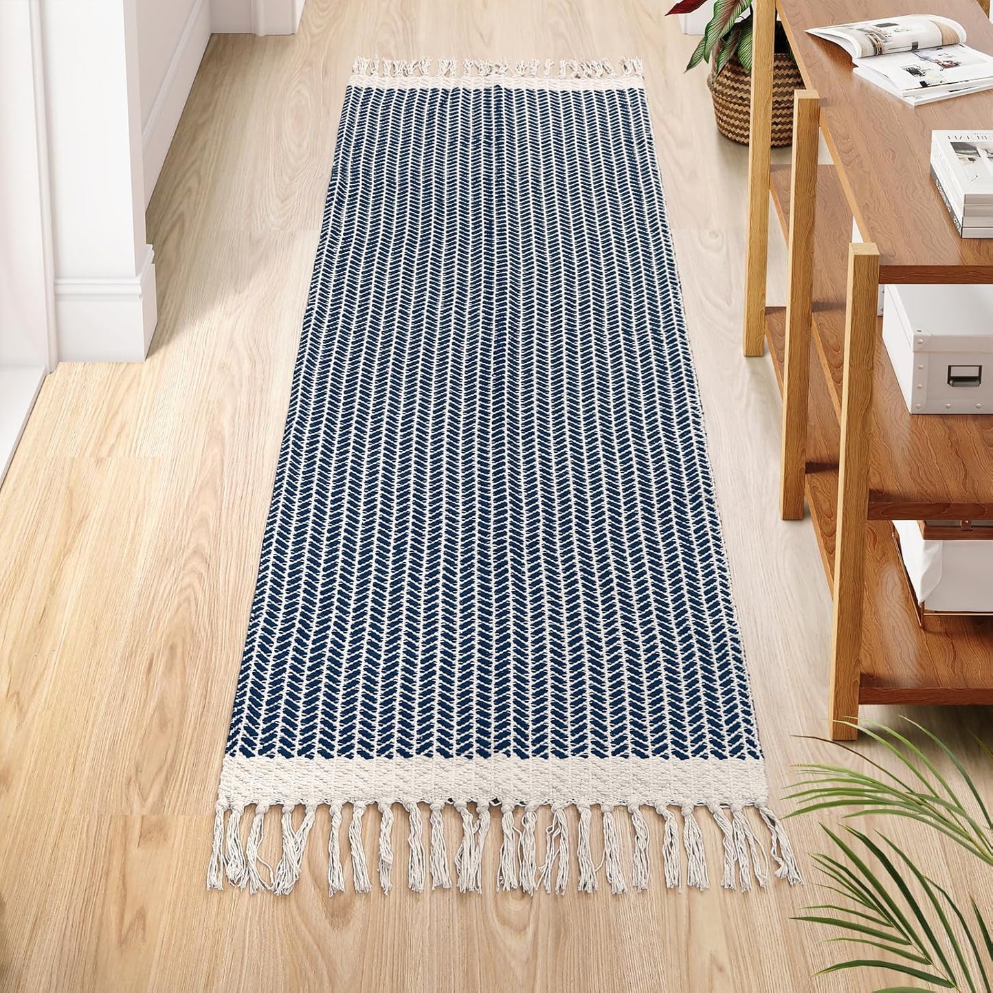 Lahome Boho Kitchen Runner, 2x6 Laundry Room Rug Lightweight Runners for Hallways Washable Runner Rug with Tassels, Farmhouse Cotton Blue Throw Rugs Non Shedding Carpet for Entryway Bathroom