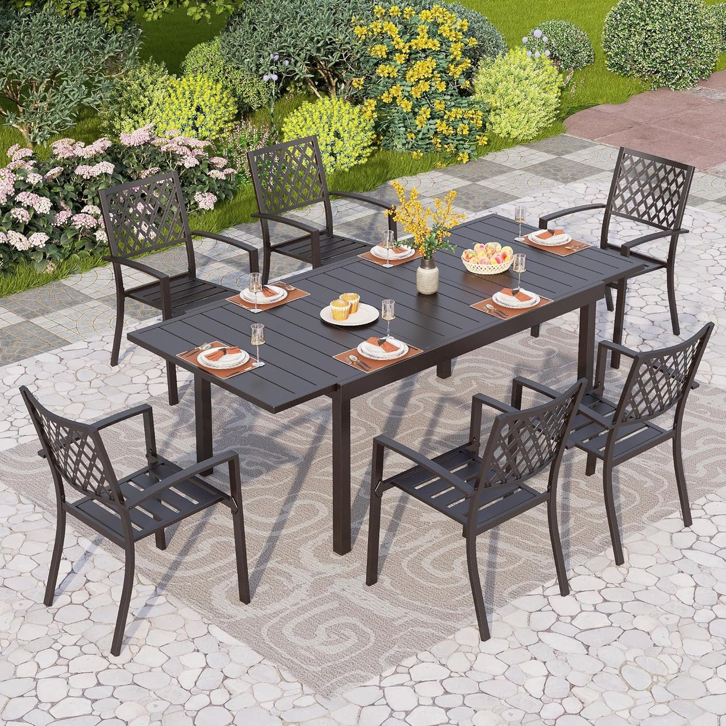 PHI VILLA 7 Piece Outdoor Dining Table Sets, Expandable Rectangular Metal Dining Table and 8 Bistro Metal Chairs for Patio, Deck, Yard