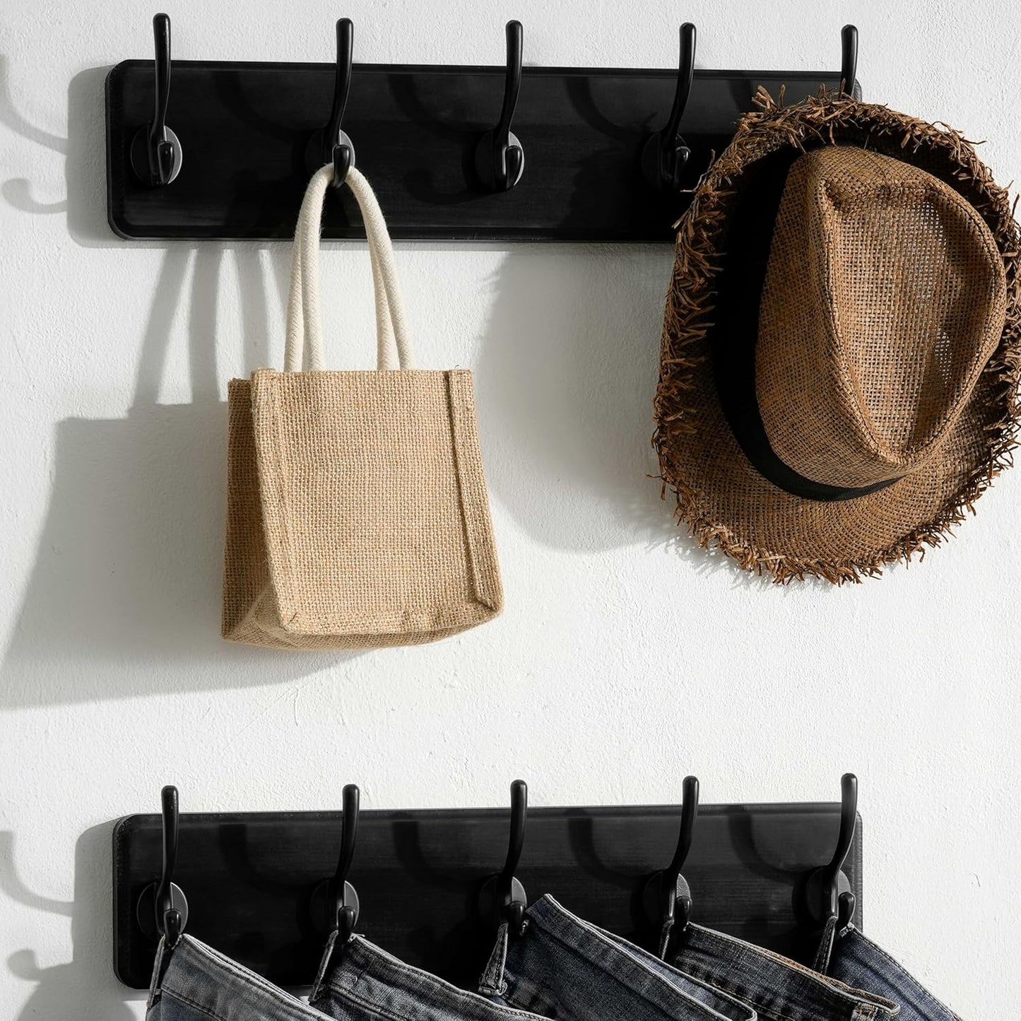 SKOLOO Rustic Wall Mounted Coat Rack, Pine Solid Wood Coat Hook Hanger - 5 Hooks for Hanging Clothes Robes Towels Coats