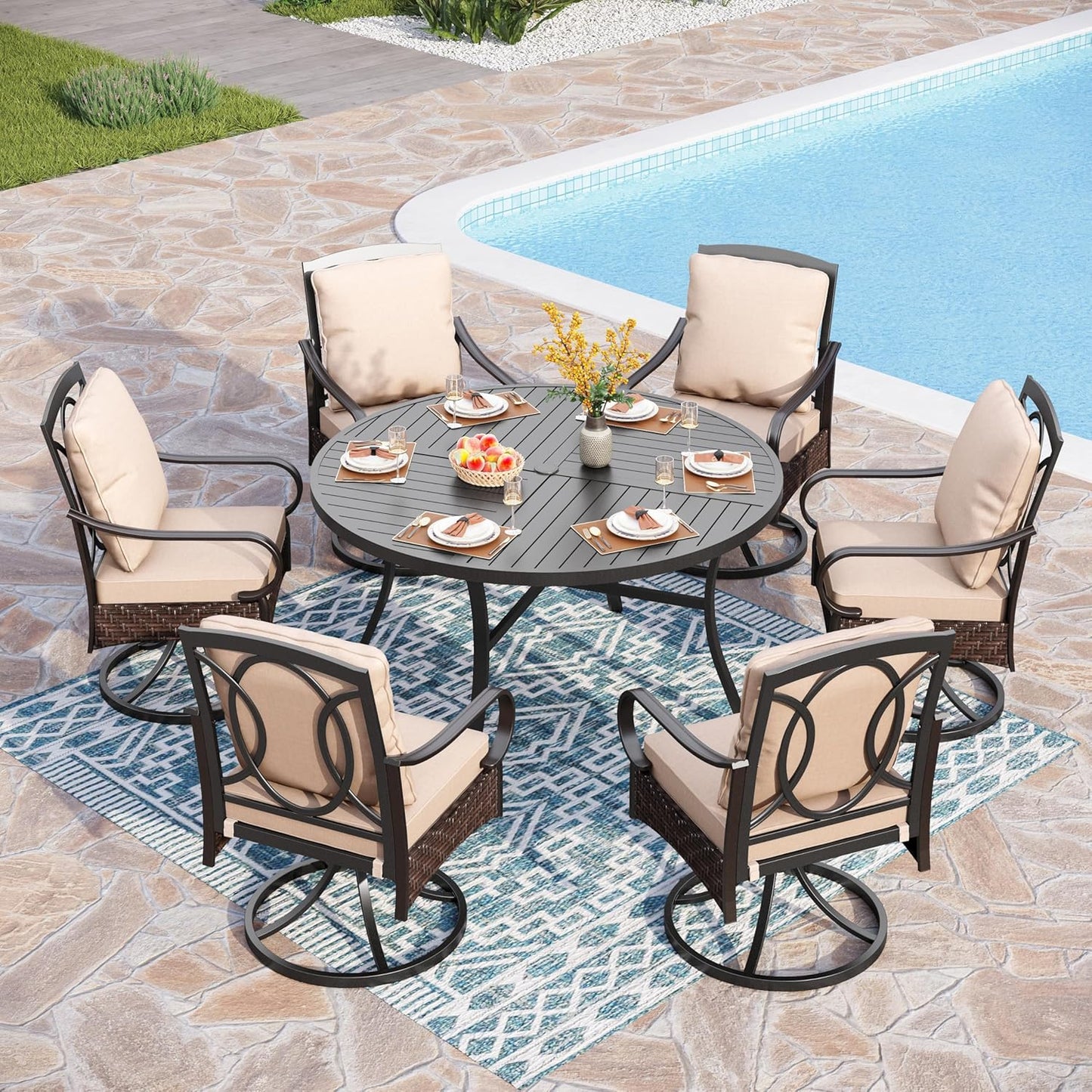 PHI VILLA Heavy Duty Outdoor Dining Set, 7-Piece Round Patio Table Set, 52" Round Dining Table with Umbrella Hole & 6 Outdoor Swivel Rocking Chairs with Thick Cushions