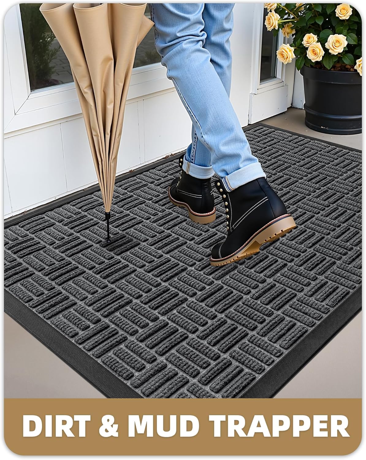 Color&Geometry Large Front Door Mat Outside Entrance, Heavy Duty Non Slip Low Profile Doormat for Entryway, Trap Dirt and Moisture Welcome Mats All-Weather, Easy Clean, Patio, Garage, 48"x72" Grey