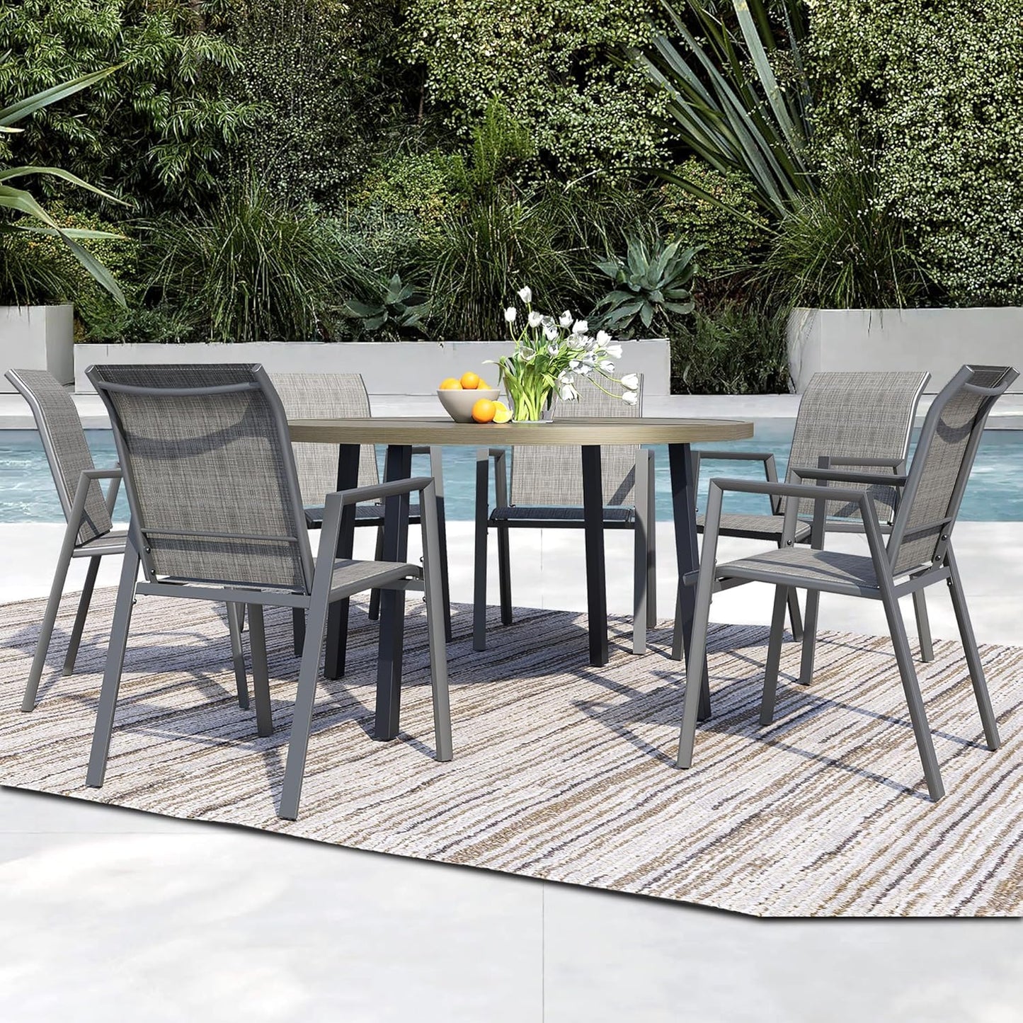 7 Piece Outdoor Dining Set, Patio Table and Chairs Set of 6, 47" Honey Oak Round Patio Table with 6 Grey Stackable Patio Chairs for Lawn, Garden, Porch