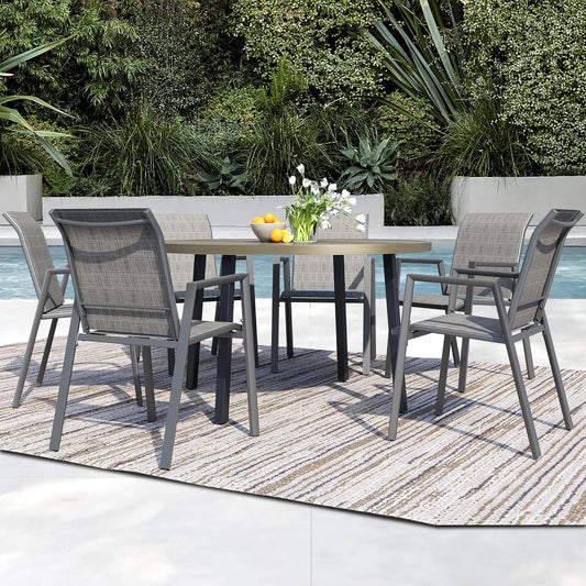 7 Piece Outdoor Dining Set, Patio Table and Chairs Set of 6, 47" Honey Oak Round Patio Table with 6 Grey Stackable Patio Chairs for Lawn, Garden, Porch
