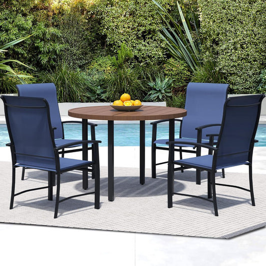 5 Piece Outdoor Dining Set, Patio Table and Chairs Set of 4, 42" Walnut Round Patio Table with 4 Blue Outdoor Patio Chairs for Lawn, Garden, Porch