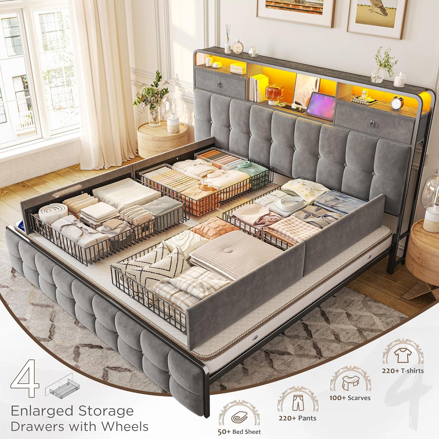 EnHomee King Size Bed Frame with 6 Storage Drawers and Upholstered Headboard,King Bed Frame with LED Lights and Charging Station,no Box Spring Needed,No Noise, Easy Assembly,Velvet,Sturdy,Soft,Grey