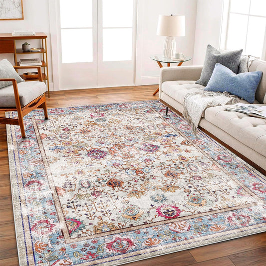 Washable 9'x12' Area Rug Vintage Traditional Distressed Indoor Foldable Thin Retro Accent Floral Non Slip Carpet Living Room Dining Room Office