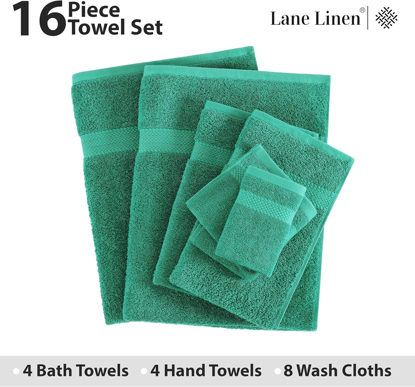 LANE LINEN 100% Cotton 16 Piece Bath Towel Set - Ring Spun, Quick Dry, Super Soft & Highly Absorbent - 4 Bath, 8 Washcloths, 4 Hand Towels for Bathroom - Hotel Quality Bathroom Towel Set - Emerald