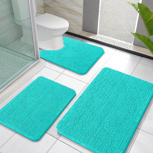 OLANLY Bathroom Rugs Sets 3 Piece, Soft Absorbent Chenille Bath Mats and U-Shaped Contour Toilet Rug, Quick Dry, Home Decor Accessories, Bath Mat Set for Bathroom (30"x20"+24"x16"+24"x20", Teal)