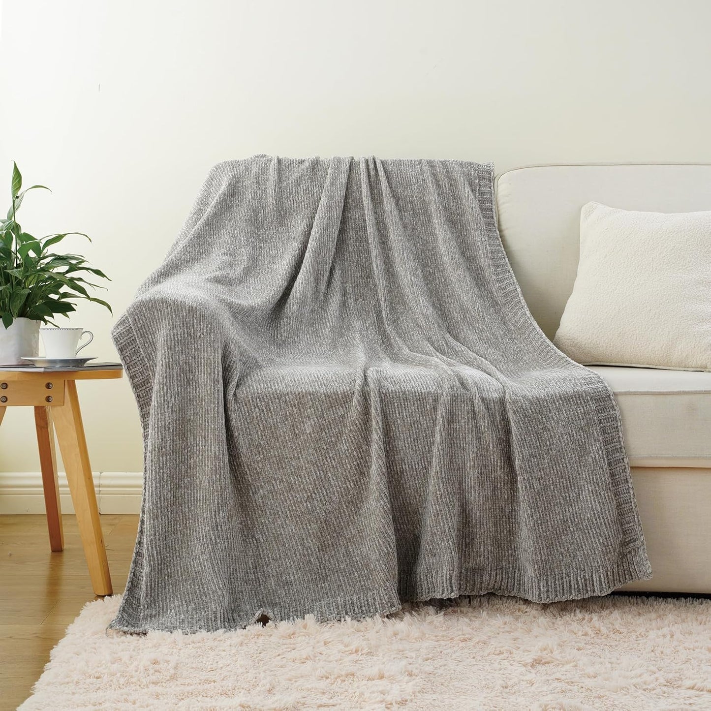 BATTILO HOME Light Grey Throw Blanket for Couch, Soft Knitted Chenille Throw Blanket for Sofa, Chair, Living Room, Cozy Gray Throw Blankets for Bed,51"x67"