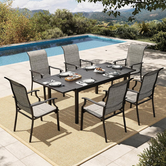 HERA'S HOUSE 7 Pieces Patio Dining Set, Outdoor Dining Set for 6, 6 x All Weather Textilene Padded Dining Chair, 1 x Rectangular Expandable Large Surface Metal Dining Table