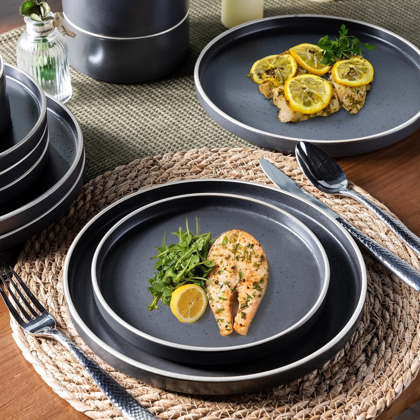 LERATIO Ceramic Dinnerware Sets for 6, High Edge Stoneware Plates and Bowls Set, Chip and Crack Resistant | Oven & Dishwasher & Microwave Safe Dishes Set, Service for 6 -Speckeld Black