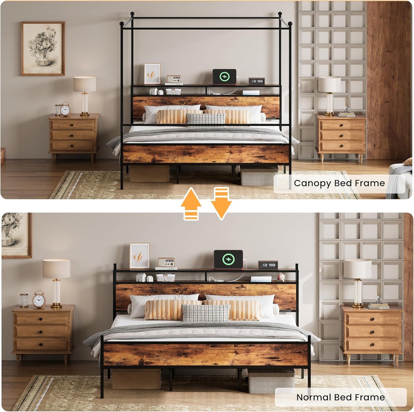 LIKIMIO Canopy Bed Frame King with Storage Headboard & Charging Station, Sturdy Metal Platform Bed with 4 Removable Posts, Dual Purpose Bed Frame, No Box Spring Needed, Noise Free