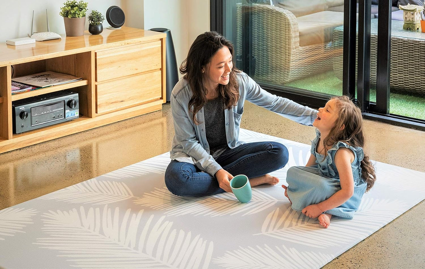 Cushmat Stylish Reversible Foam Play Mat (Large, Palm Gray - Blue Diamonds) - Soft, Waterproof, Durable Play mat for Infants, Babies, Toddler, Kids & Grownup - 6.5ft x 4.5ft