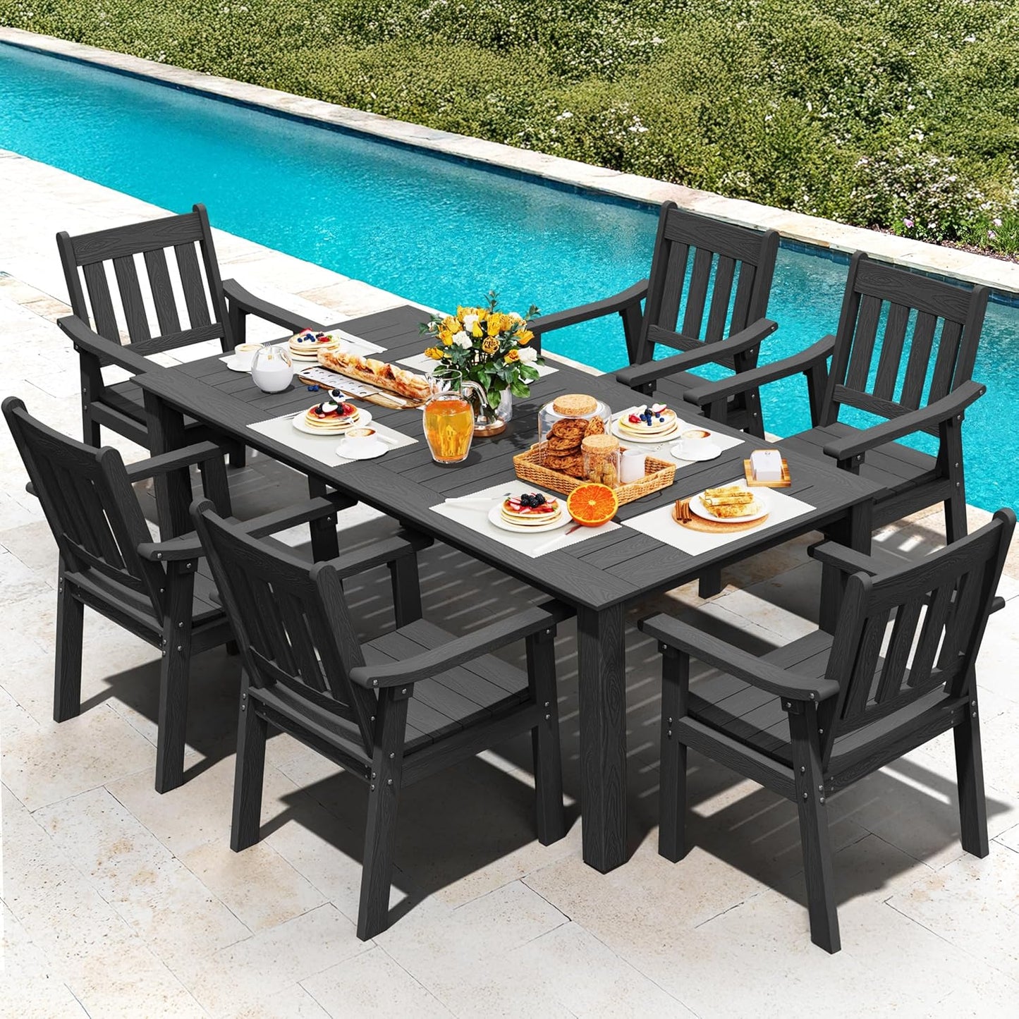 YEFU HIPS Patio Table Set: 7 Piece Outdoor Table and Chairs Dining Furniture Set with Umbrella Hole - Black Modern Plastic Dining Sets 6 Person for Outside Deck with Metal Aluminum Frame