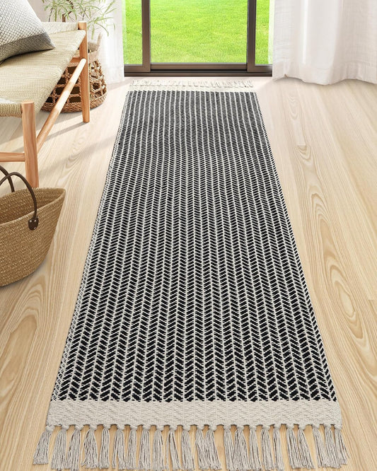 Lahome Boho Kitchen Runner, 2'6''x8 Runners for Hallways Lightweight Bath Mat Woven Washable Runner Rug with Tassels, Farmhouse Non Shedding Black Rug for Bedroom Living Room