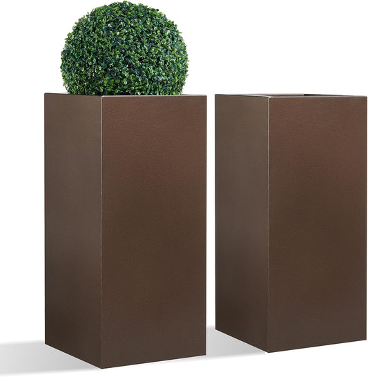 Wallowa Large Planter for Outdoor Plant 14Lx14Wx30H Inches Metallic Heavy Tall Planter Box for Outdoor & Indoor, Rectangular Flowerpot 25Lbs/PC, Espresso, No Assembly and Seamless, Set of 2
