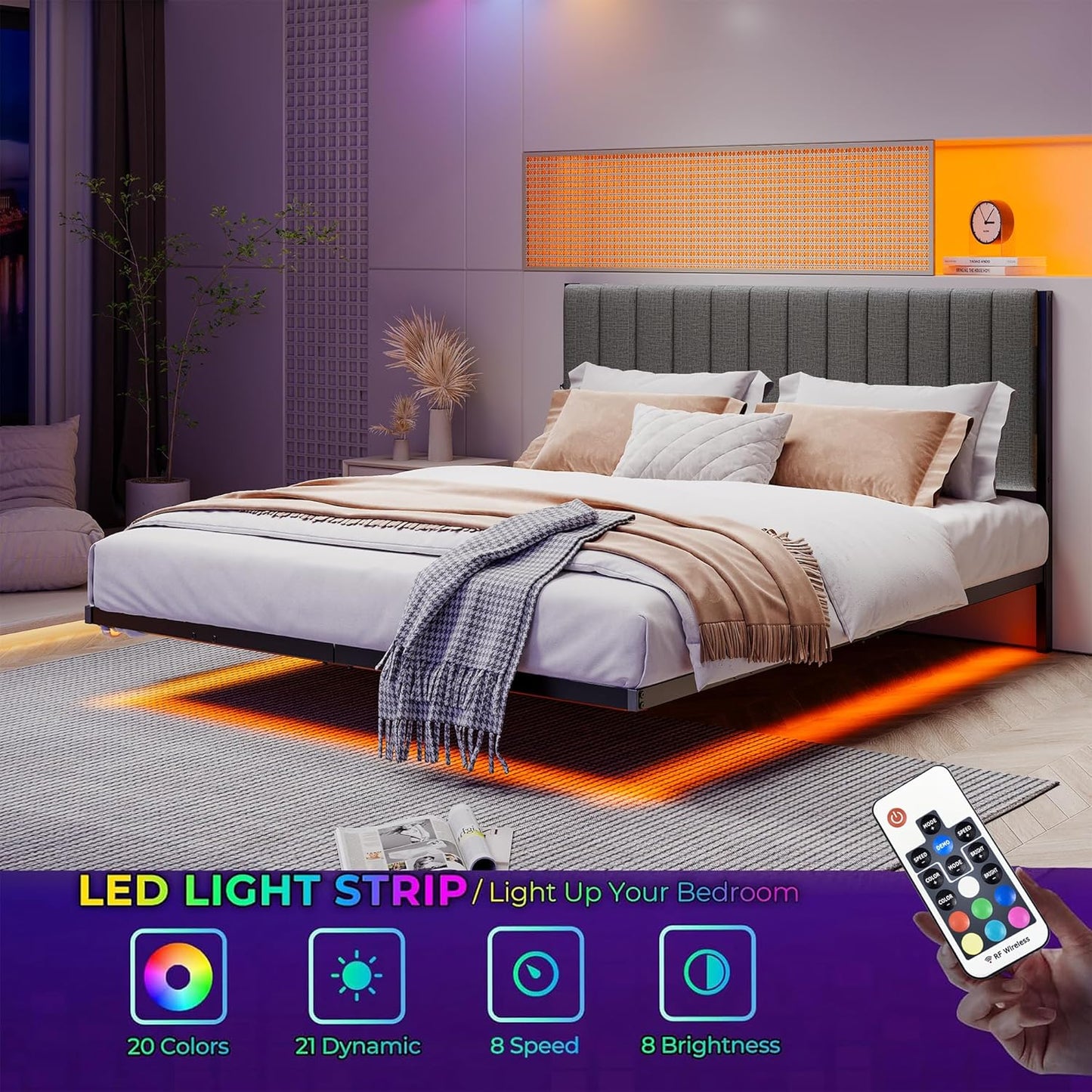 Floating Full Bed Frame with LED Lights & Charging Station,Metal Platform Bed Frame Full Size with Upholstered Headboard,No Box Spring Needed,Heavy Duty Steel Slats,Easy to Assemble No Noise