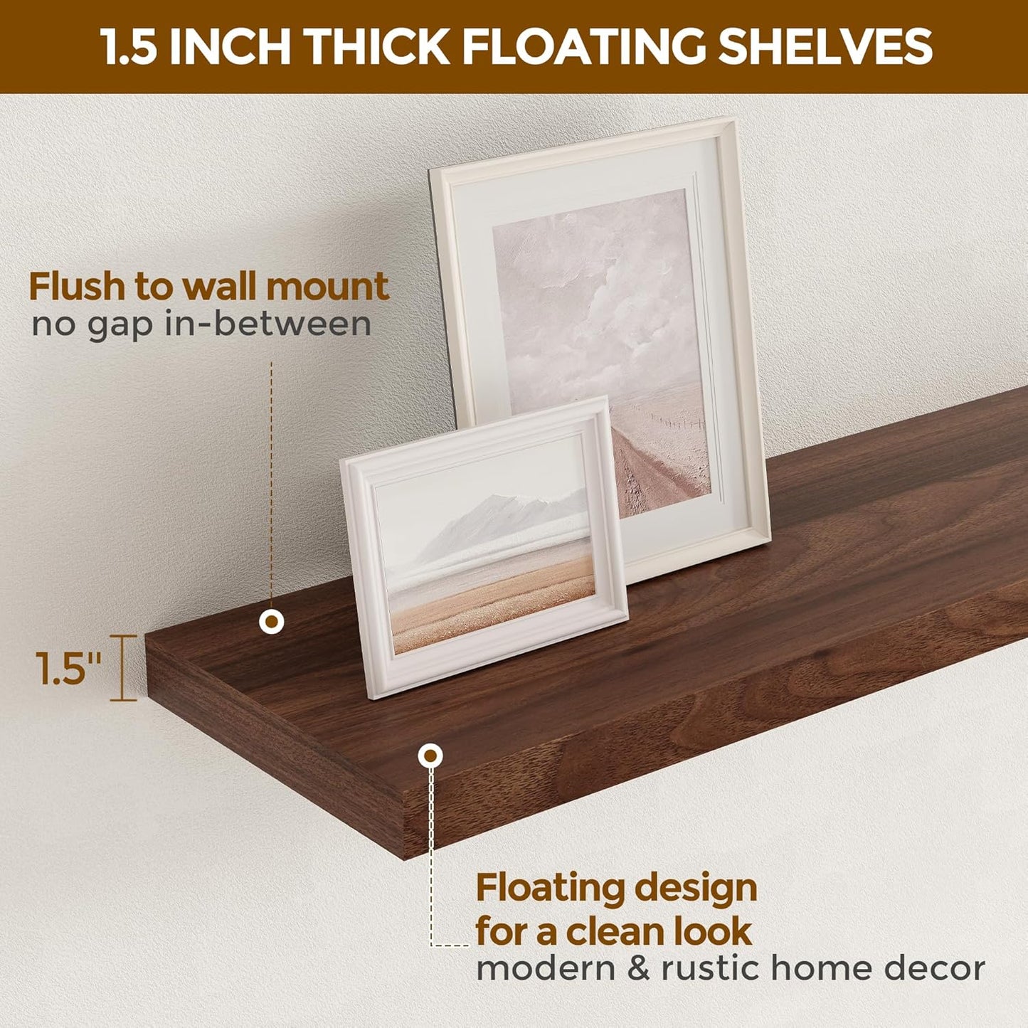 24 Inch Floating Shelves for Wall, 9.3 Deep Wall Shelves for Home Decor & Storage, 24x9.3x1.5 Large Wooden Shelf with Heavy-Duty Bracket, Deep Shelf for Kitchen, Living Room, Walnut Color