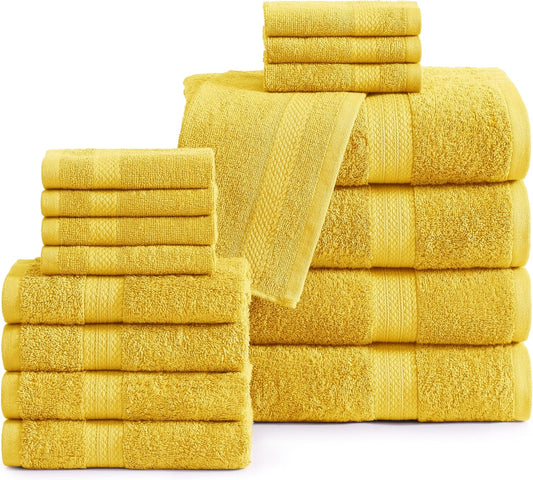 LANE LINEN 100% Mercerized Cotton Bathroom Towel Set - 16 Pieces - Fluffy, Super Soft & Highly Absorbent - 4 Bath Towels, 8 Washcloths, 4 Hand Towels - Ring Spun, Double Sided Cotton Terry - Mimosa