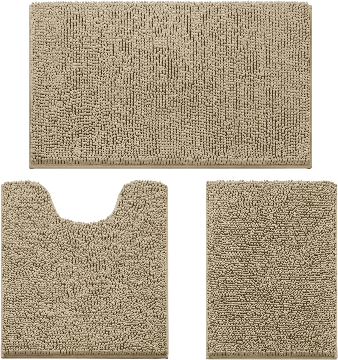 HOMEIDEAS 3 Pieces Bathroom Rugs, Ultra Soft Non Slip Absorbent Chenille Toilet Bath Mat Set (Taupe,17"x24"+20"x32"+U Shape 20"x24")