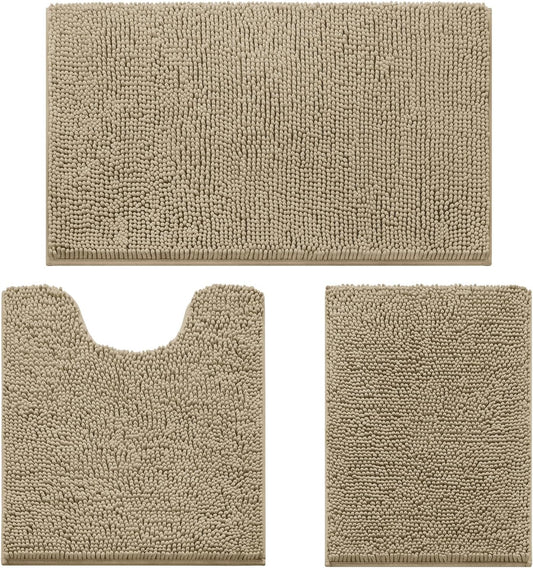 HOMEIDEAS 3 Pieces Bathroom Rugs, Ultra Soft Non Slip Absorbent Chenille Toilet Bath Mat Set (Taupe,17"x24"+20"x32"+U Shape 20"x24")
