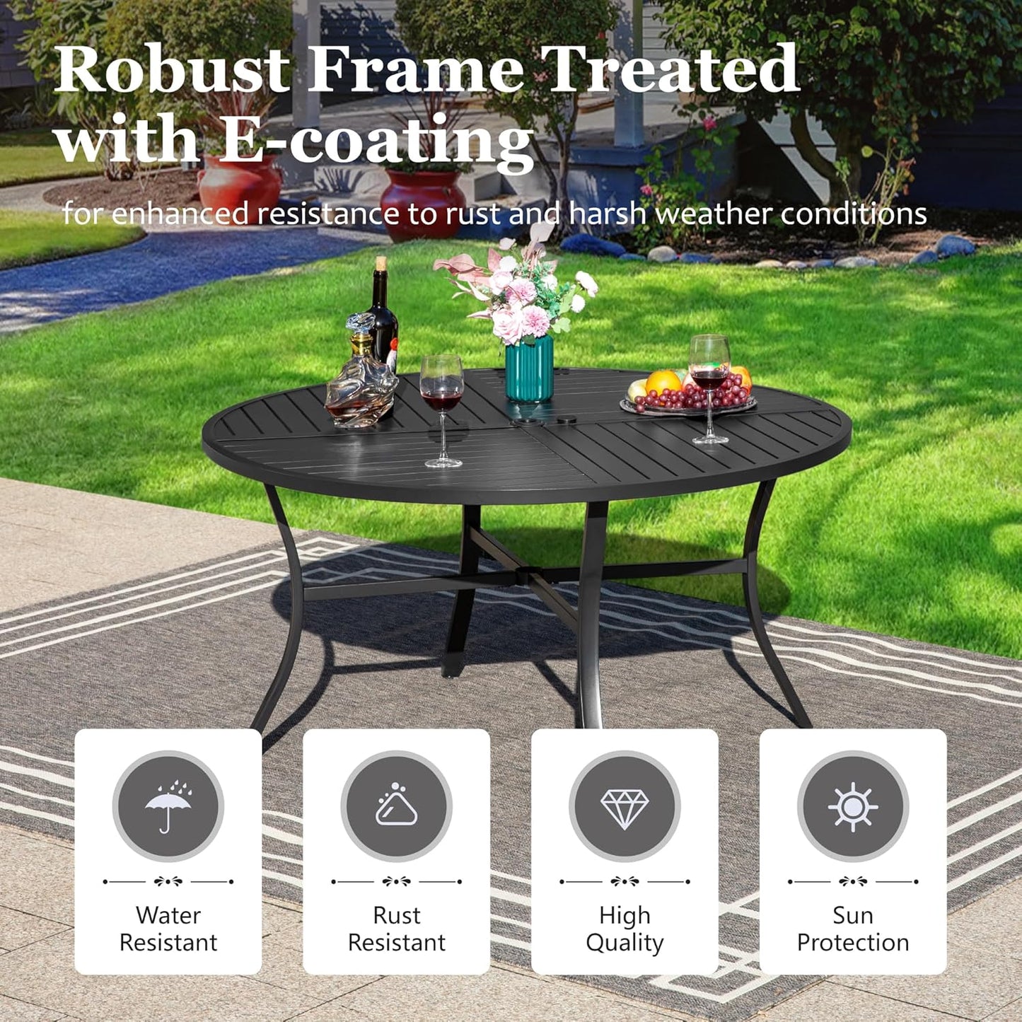 HERA'S HOUSE 7 Pieces Outdoor Dining Sets, 1 Round Steel Weather Resistant Table with 1.57" Umbrella Hole and 6 High Back Patio Chairs for Lawn Garden Backyard