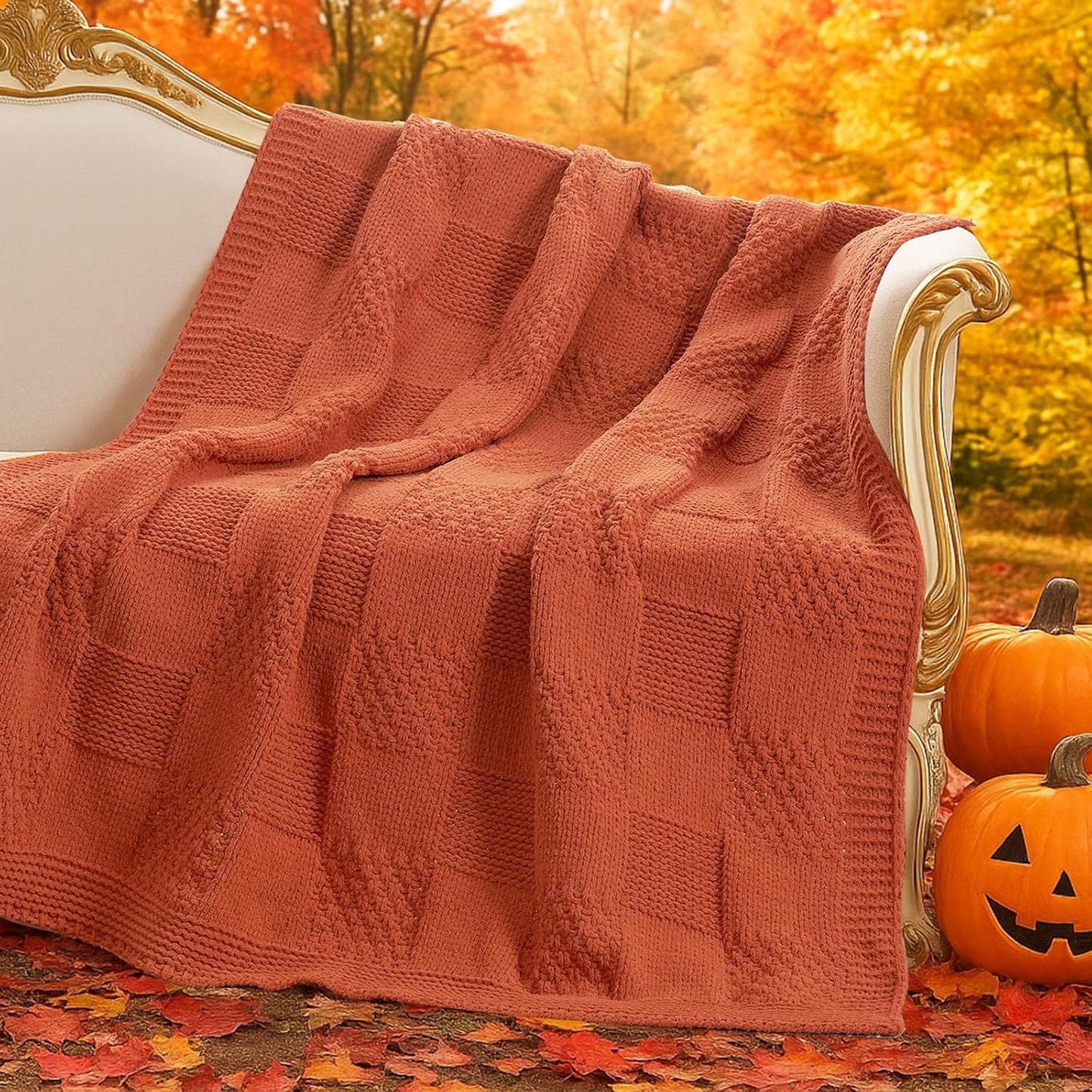 Amélie Home Checkered Chenille Knit Throw Blanket for Couch, Classic Texture Decorative Soft Blanket for Sofa, Chair & Bedroom, 50"x60", Burnt Orange