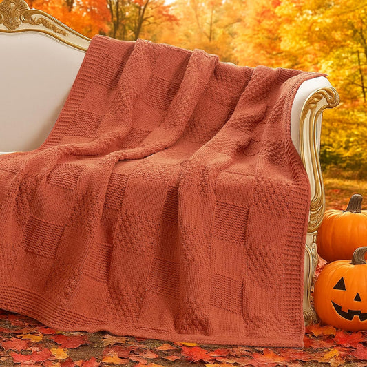 Amélie Home Checkered Chenille Knit Throw Blanket for Couch, Classic Texture Decorative Soft Blanket for Sofa, Chair & Bedroom, 50"x60", Burnt Orange