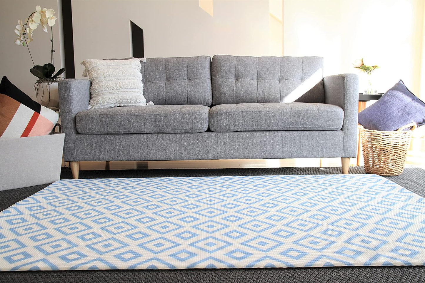 Cushmat Stylish Reversible Foam Play Mat (Large, Palm Gray - Blue Diamonds) - Soft, Waterproof, Durable Play mat for Infants, Babies, Toddler, Kids & Grownup - 6.5ft x 4.5ft