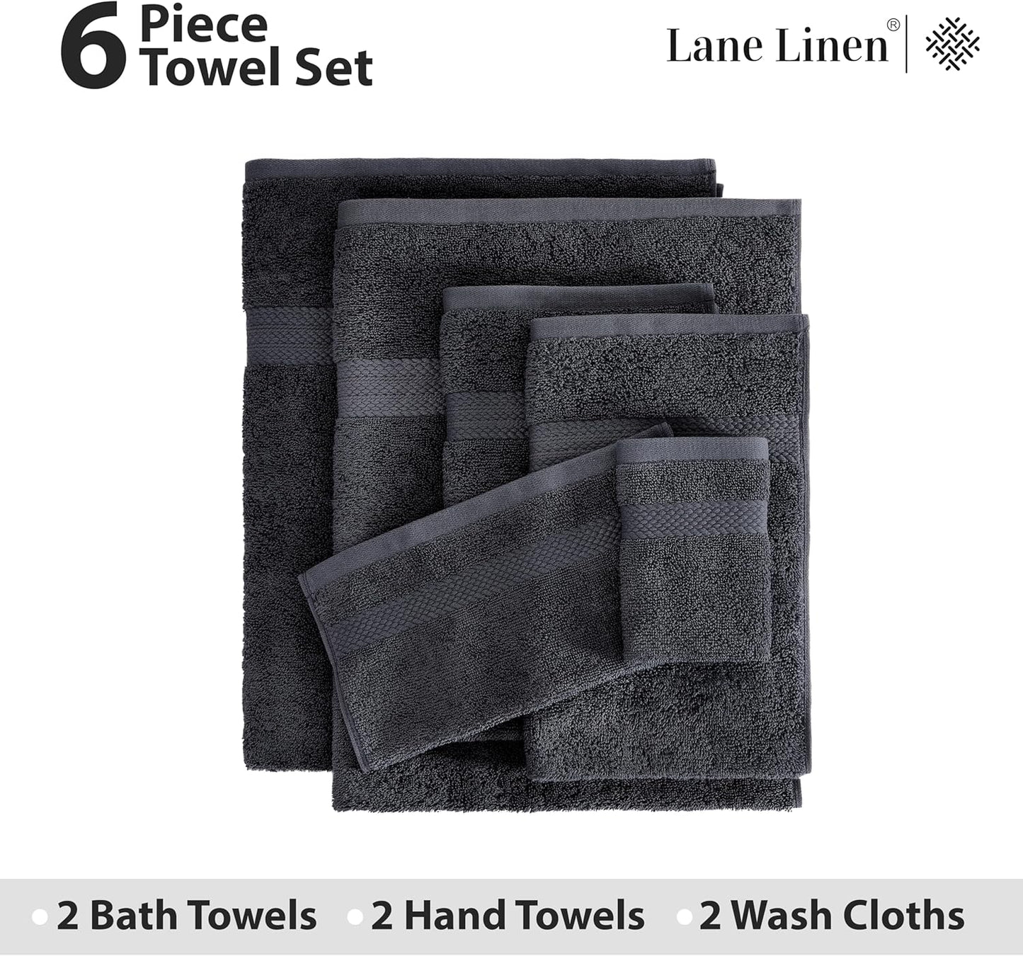 LANE LINEN 100% Cotton Luxury Bath Towel Set - 6 Pieces - Ring Spun, Super Soft & Highly Absorbent - 2 Bath, 2 Washcloths, 2 Hand Towels for Bathroom - Holds Well After Multiple Washes - Black