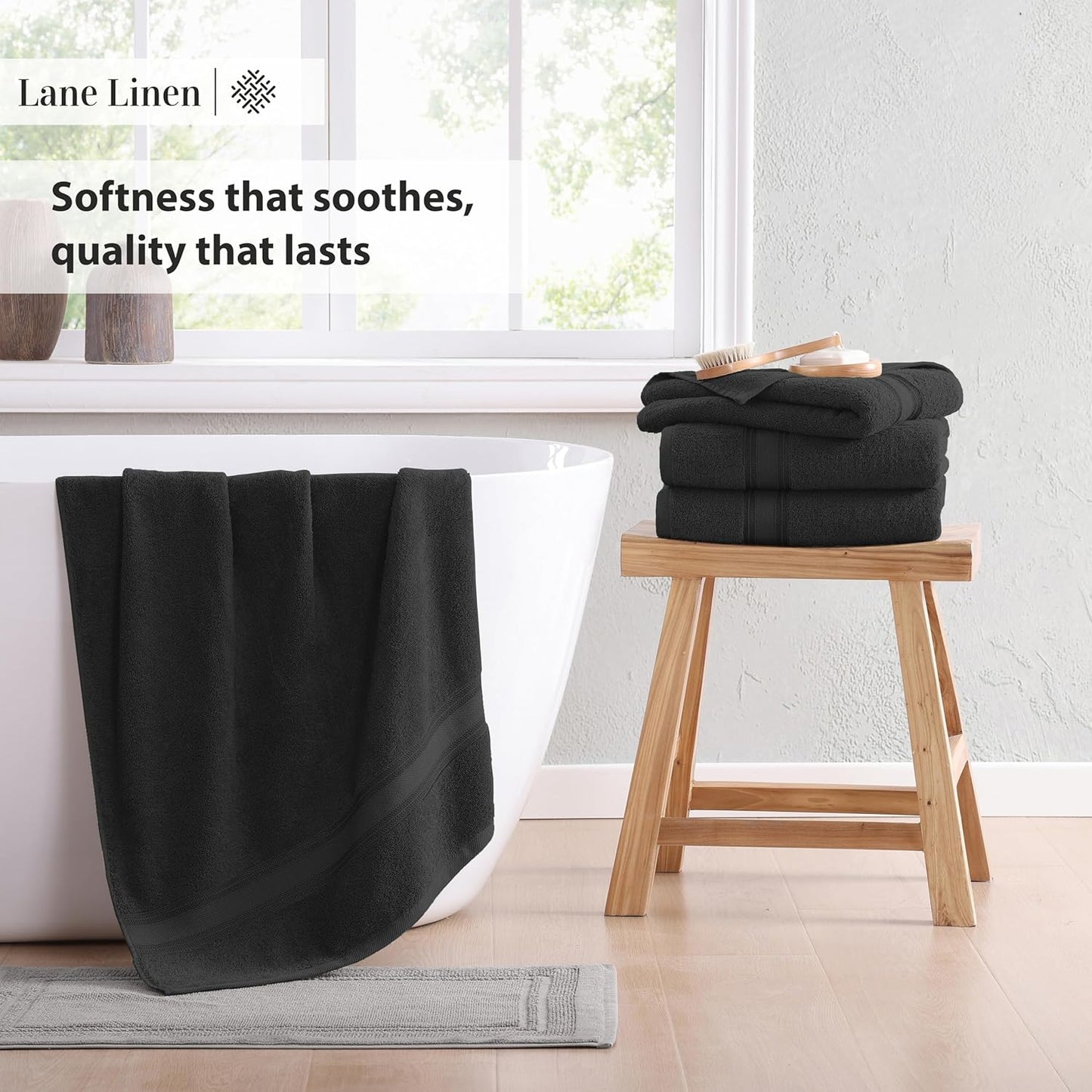 LANE LINEN Large Cotton Bath Sheets, Extra Large Quick Dry Towels, Zero Twist, 4 Piece Set, Super Soft, Highly Absorbent, Black