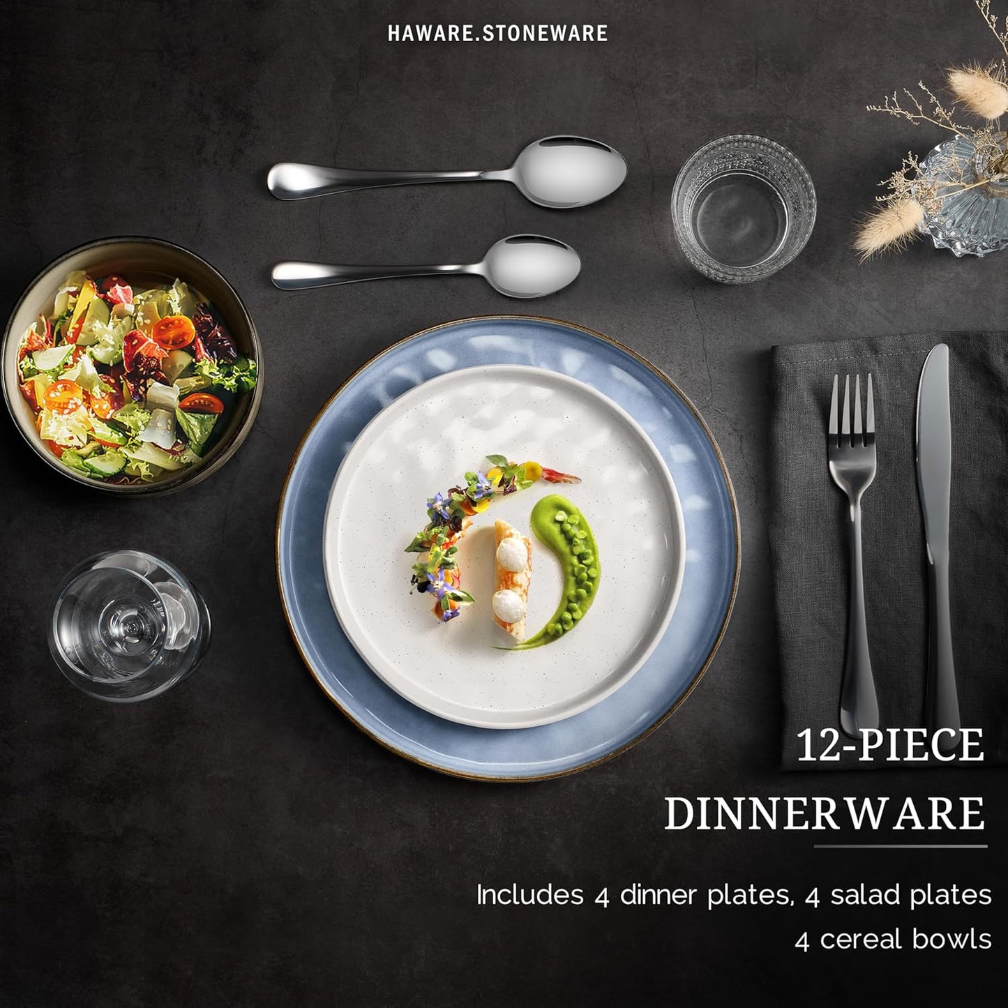 HaWare Dinnerware Sets, 12-Piece Plates and Bowls Set, Stoneware Dish Set for 4, Ceramic Dinnerware for Home Restaurant, Chip and Scratch Resistant, Microwave and Dishwasher Safe, Multicolor