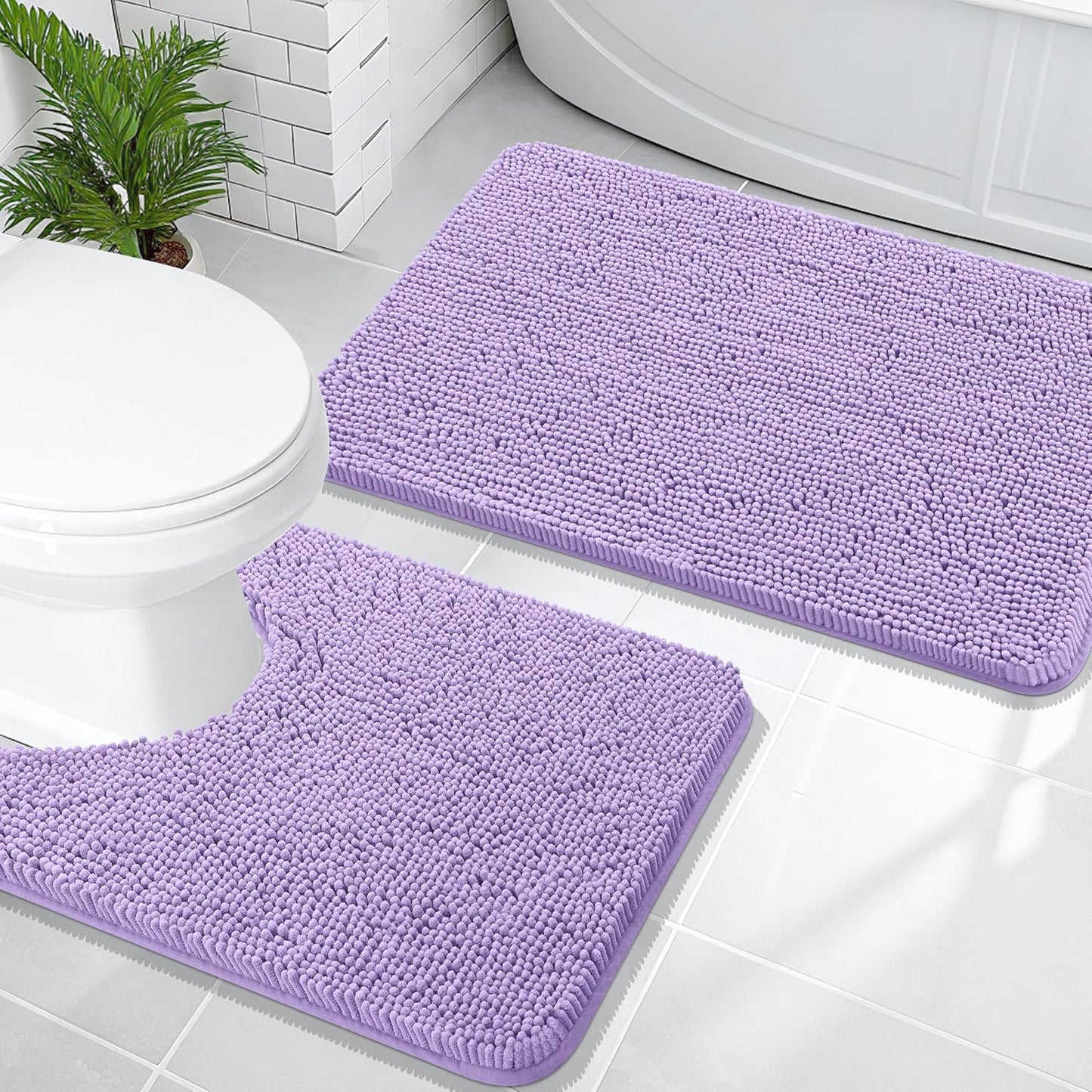 OLANLY Bathroom Rugs Sets 2 Piece, Soft Absorbent Chenille Bath Mats and U-Shaped Contour Toilet Mat Area Rug Set, Machine Washable Bath Carpet, Home Decor Accessories(30"x20"+24"x20", Lavender)
