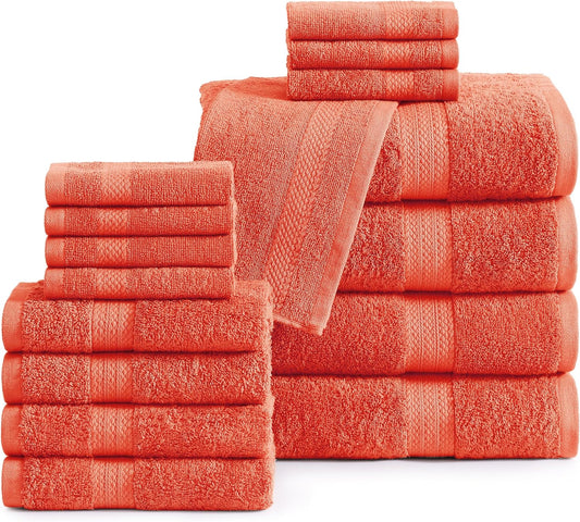 LANE LINEN 100% Cotton Luxury Bathroom Towel Set - 16 Pcs - Ring Spun, Quick Dry, Super Soft & Absorbent - 4 Bath, 8 Washcloths, 4 Hand Towels - Remains Fluffy After Multiple Washes - Living Coral