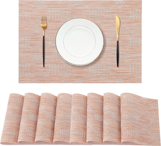 Leetaltree Coral Placemats Set of 8 - Heat Resistant Non-Slip Place mats for Dining Table, Washable Durable PVC Vinyl Woven Table Mats（Coral, 8）