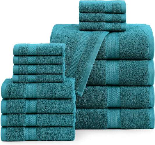 LANE LINEN 100% Cotton Luxury Bath Towel Set - 16 Pieces - Ring Spun, Quick Dry, Highly Soft & Absorbent - 4 Bath Towels, 8 Washcloths, 4 Hand Towels for Bathroom - Sustainably Produced - Sea Port