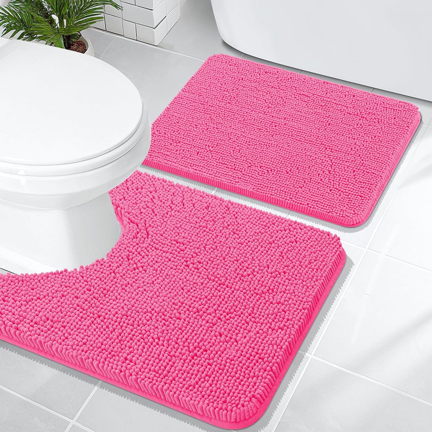 OLANLY Bathroom Rugs Sets 2 Piece, Soft Absorbent Chenille Bath Mats and U-Shaped Contour Toilet Mat Area Rug Set, Machine Washable Bath Carpet, Home Decor Accessories(24"x16"+24"x20", Hot Pink)