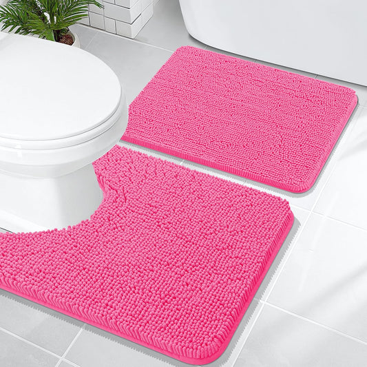 OLANLY Bathroom Rugs Sets 2 Piece, Soft Absorbent Chenille Bath Mats and U-Shaped Contour Toilet Mat Area Rug Set, Machine Washable Bath Carpet, Home Decor Accessories(24"x16"+24"x20", Hot Pink)