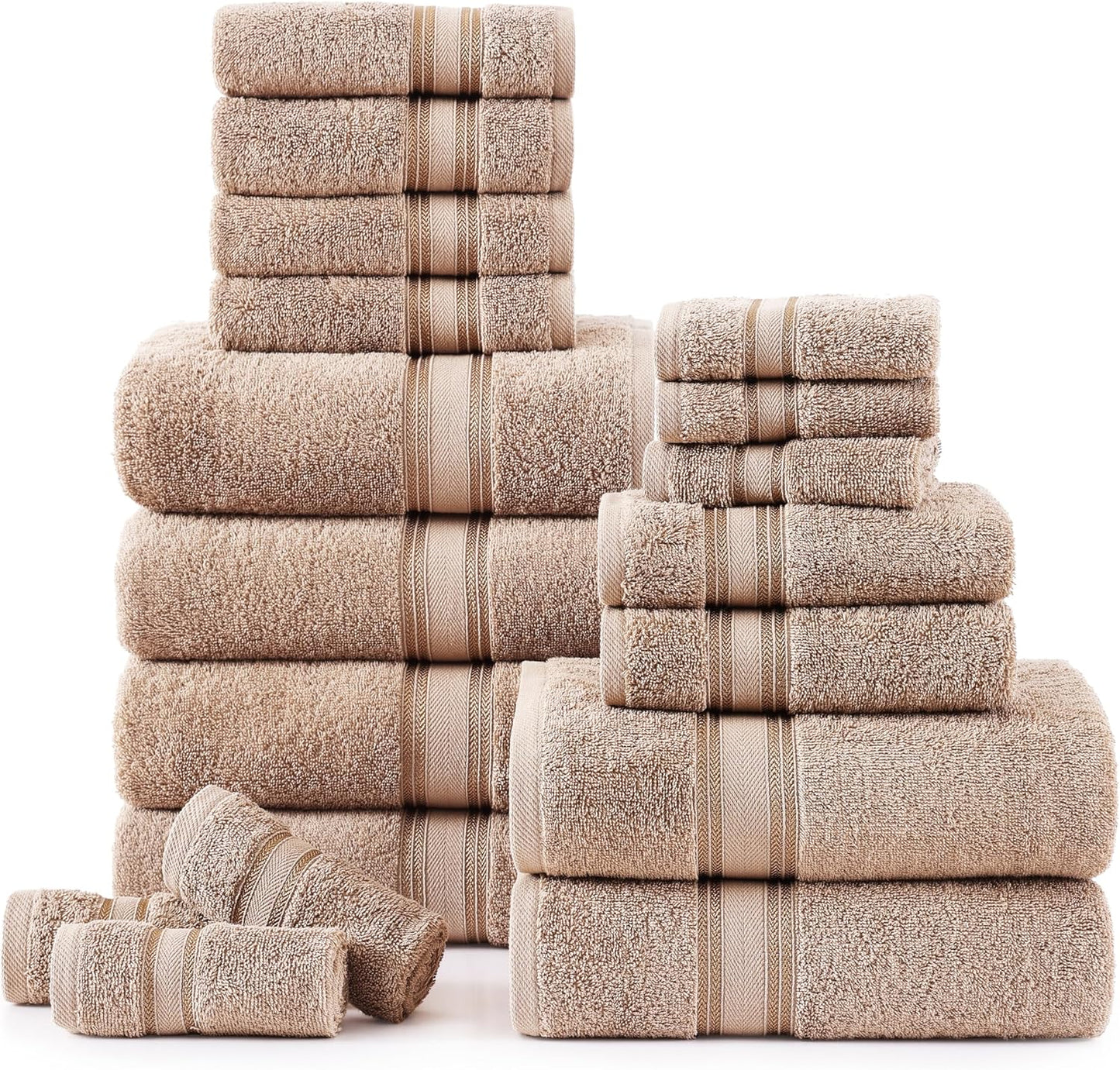 LANE LINEN 100% Cotton 18 Piece Bath Towel Set - Zero Twist, Quick Dry, Highly Soft & Absorbent - 6 Bath, 6 Washcloths, 6 Hand Towels - Oeko Tex Certified Hotel Quality Bathroom Towel Set - Taupe