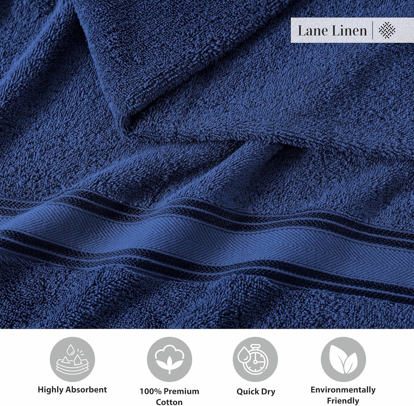 LANE LINEN 100% Cotton 4 Pack Bath Towels (30"x60") - Zero Twist, Mercerized Cotton Towels Set for Bathroom - Quick Dry, Soft & Absorbent Large Bath Towel Set - Dorm Essentials for Boys - Navy Blue
