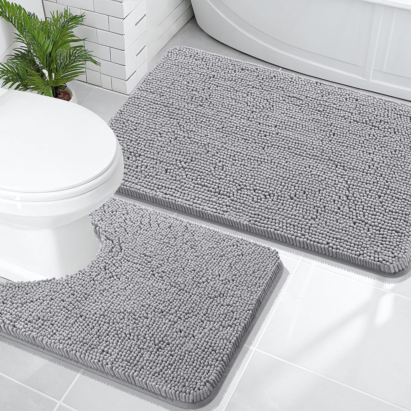 OLANLY Bathroom Rugs Sets 2 Piece, Soft Absorbent Chenille Bath Mats and U-Shaped Contour Toilet Mat Area Rug Set, Machine Washable Bath Carpet, Home Decor Accessories(36"x24"+24"x20", Grey)