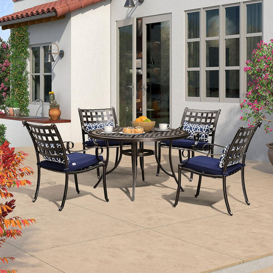 PURPLE LEAF 5 Pieces Patio Dining Set Cast Aluminum Patio Furniture with 4 Armchairs and 47" Round Table, Pillow Included, for Lawn Yard Garden Oudoor Dining Set, Navy Blue