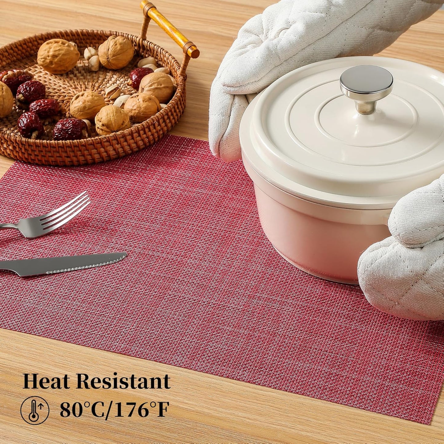 Leetaltree Red Placemats Set of 8 - Heat Resistant Non-Slip Place mats for Dining Table, Washable Durable PVC Vinyl Woven Table Mats（Red, 8）
